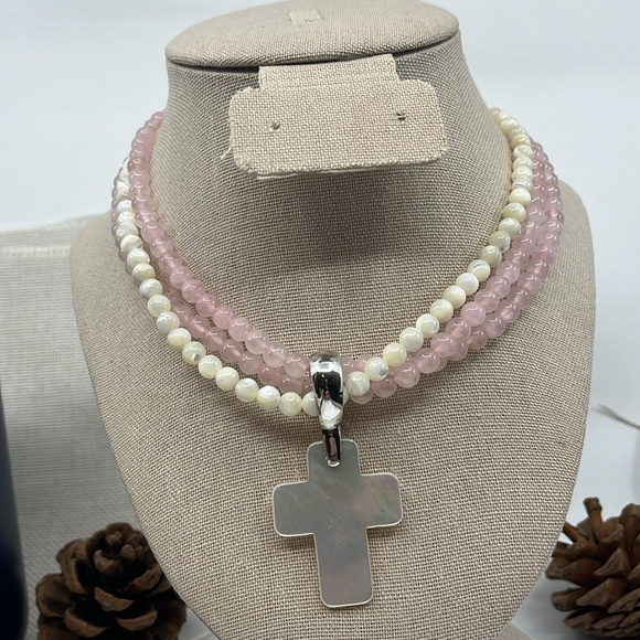 Vintage Rose Quartz Pearl Necklace Set - Mother-of-Pearl Cross Pendant - Picture 3 of 16